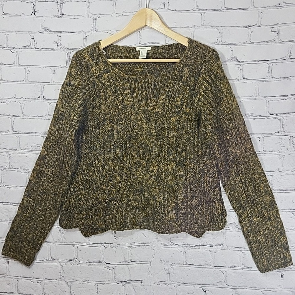 Forever 21 Y2k Crop Sweater Women's L Heather Green Cable Knit Pullover Cropped